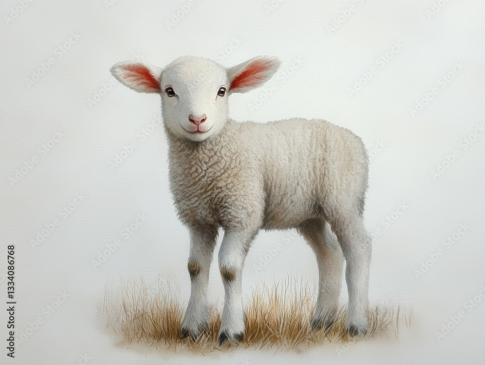 Fototapeta premium Cute White Lamb Standing on Green Grass with Soft Focus Background