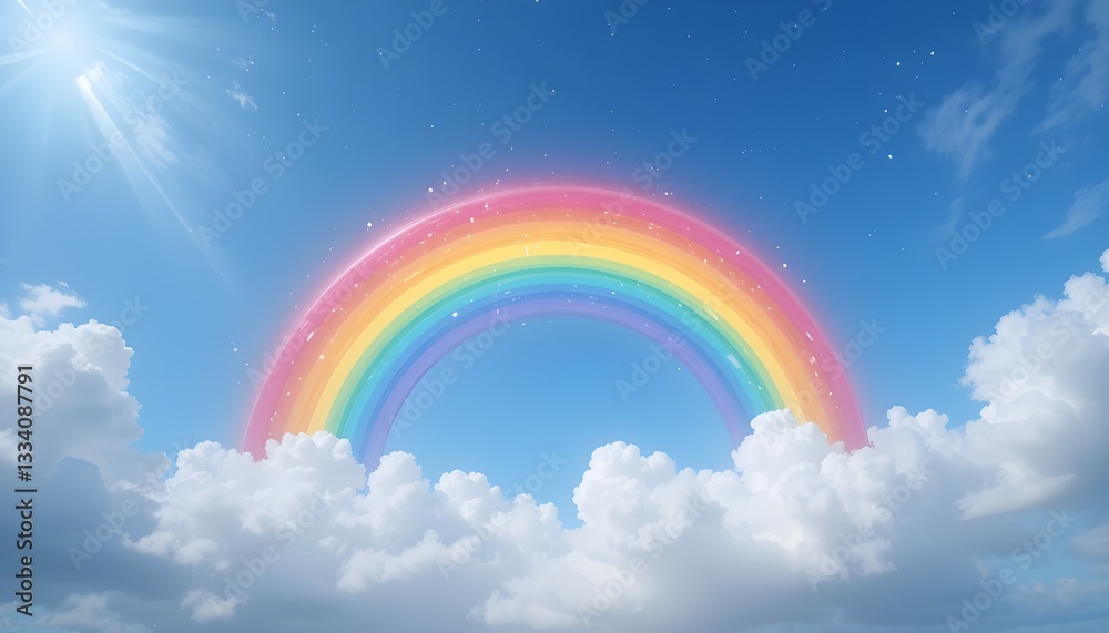 Beautiful Rainbow Spanning Across a Bright Cloudy Sky with Sunlight Beautiful Rainbow Spanning Across a Bright Cloudy Sky with Sunlight