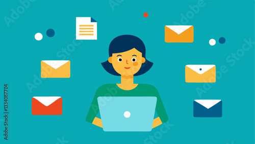 Email Management An image depicting a virtual assistant sorting through emails on a laptop with visual icons for email folders and tags floating around.