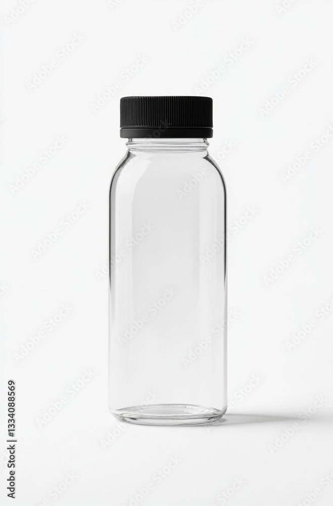 Empty clear glass bottle with black cap on white background Empty clear glass bottle with black cap on white background