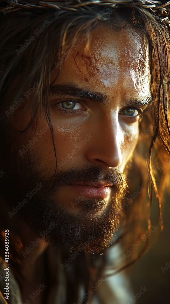 Close-up of Jesus' face in a crown of thorns, suffering and sacrifice