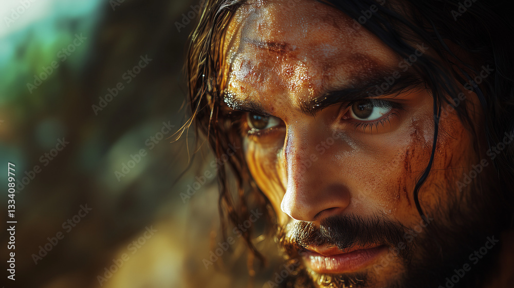 Close-up of Jesus' face in a crown of thorns, suffering and sacrifice
