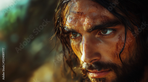 Close-up of Jesus' face in a crown of thorns, suffering and sacrifice