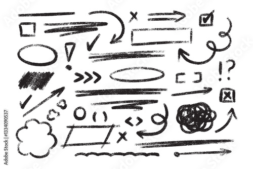 Sketchy crayon hand drawn highlight elements - circles, underlines, arrows, checkmarks and crosses. Doodle chalk line border, text emphasis graphic. Rough freehand grunge shapes for design annotation
