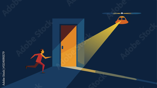 Running Toward a Safety Zone An illustration of a person running down a street toward an open door with the helicopter spotlight glaring directly behind them.