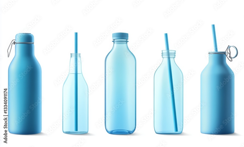Realistic Blue Drink Bottles and Water Bottles on White Background Realistic Blue Drink Bottles and Water Bottles on White Background