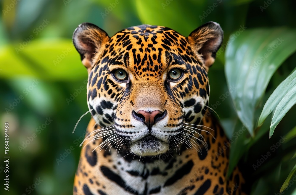 Stunning Close-Up of a Jaguar Face Surrounded by Lush Greenery Capturing the Majestic Beauty of Nature's Spotted Big Cat in Its Habitat