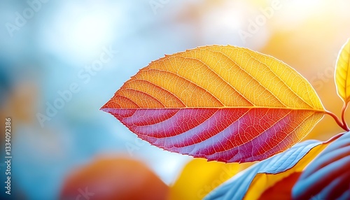 A close up image of a colorful autumn leaf