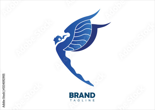 Winged Flying Man, Icarus, Modern Logo of Flying Man in Blue