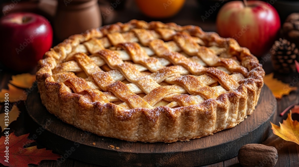 Freshly Baked Apple Pie on a Rustic Wooden Table. Generative AI Freshly Baked Apple Pie on a Rustic Wooden Table. Generative AI
