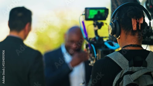 Videographers with professional equipment filming two men talking outside