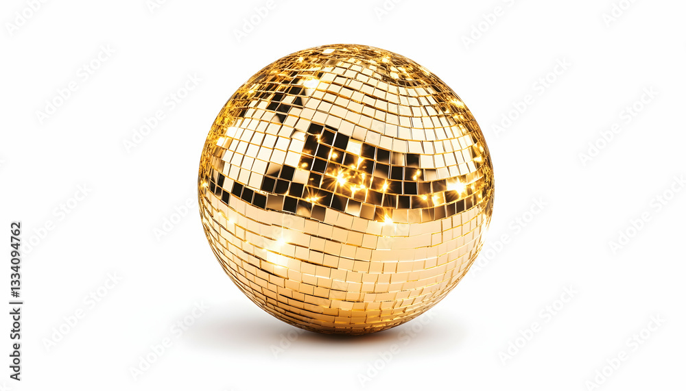 A golden disco ball, reflecting light, isolated on a white background A golden disco ball, reflecting light, isolated on a white background