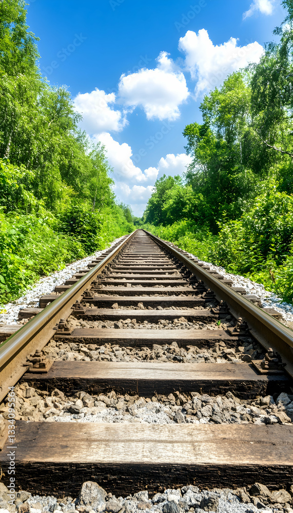 A railway track disappearing into a lush green forest under a vibrant blue sky A railway track disappearing into a lush green forest under a vibrant blue sky