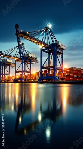 Industrial port cranes and container terminal with bright lights reflecting in water of night seaport
