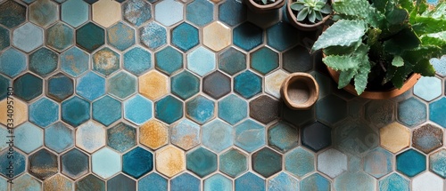 Handcrafted hexagon tile designs with midcentury charm, artistic and decorative