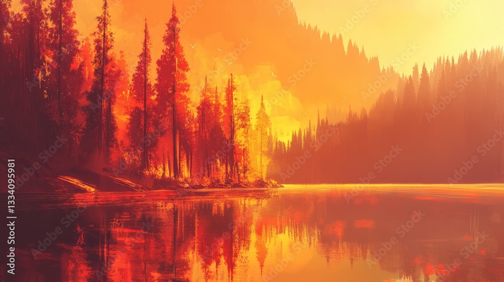 Fiery Sunset Over Serene Lake and Forest