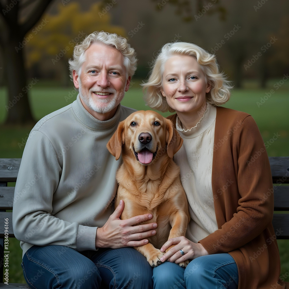 Senior Couple with Golden Retriever Relaxing on Park Bench Senior Couple with Golden Retriever Relaxing on Park Bench