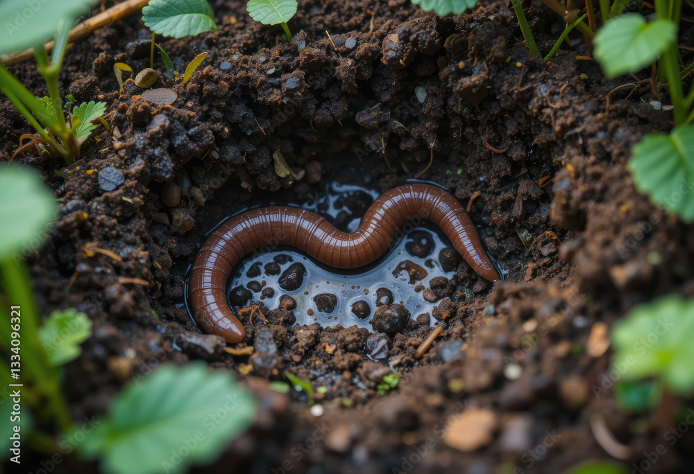 Fototapeta premium An earthworm crawls on the wet ground, surrounded by green plants. A small puddle of water is visible nearby, creating ideal conditions for the life of soil organisms.