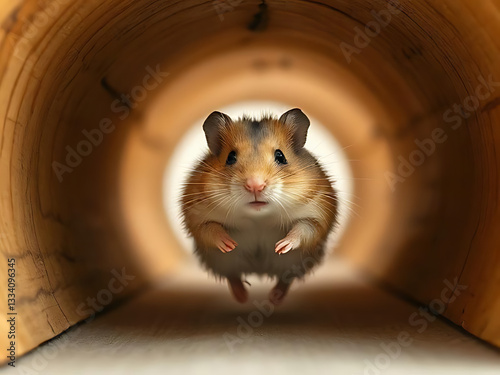 A hamster running through a tunnel made of natural wood, with its fur slightly flying in motion photo