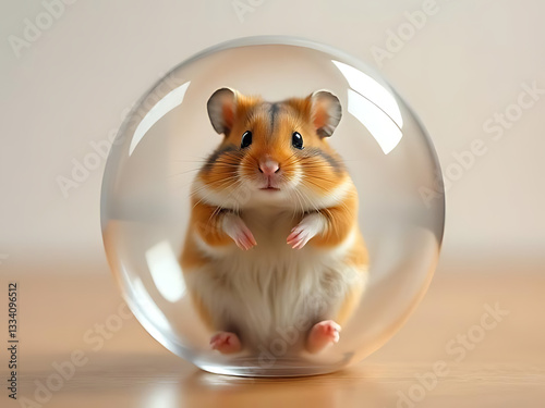 A hamster sitting inside a small transparent ball, with bright reflections and a soft backdrop, allowing for a modern photo