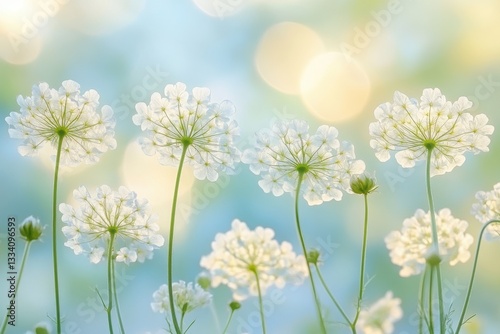 Delicate white flowers in soft sunlight dreamy garden scene