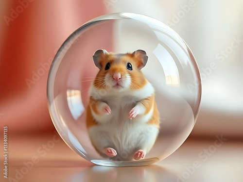 A hamster sitting inside a small transparent ball, with bright reflections and a soft backdrop, allowing for a modern photo