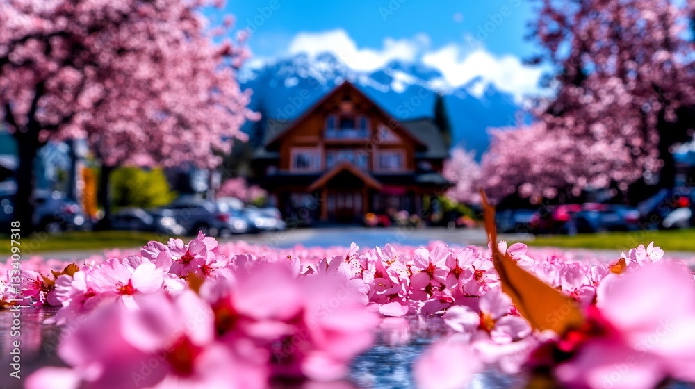 Spring Blossom Carpet Before Mountain Chalet. Spring Blossom Carpet Before Mountain Chalet.