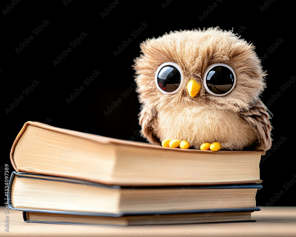Adorable fluffy owl plush perched on a stack of old books against a dark background Adorable fluffy owl plush perched on a stack of old books against a dark background