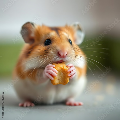 A close-up shot of a hamster’s tiny paws holding a piece of food, with bright, soft lighting  photo