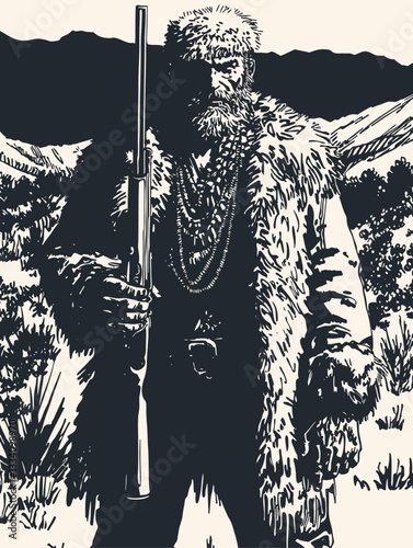 Vector illustration of a mountain man or hunter in fur clothing holding a rifle against a mountainous landscape. The black and white artwork shows a rugged frontiersman.