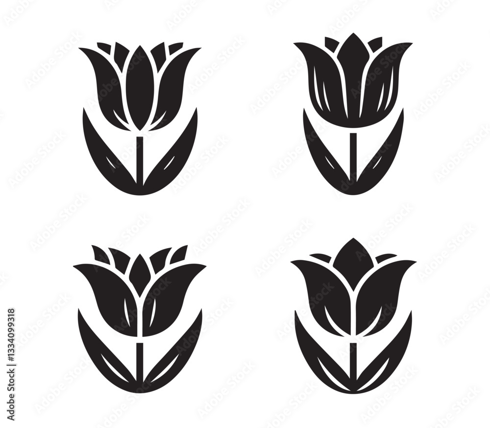 Fototapeta premium Set Black and White Silhouette Tulip Icons