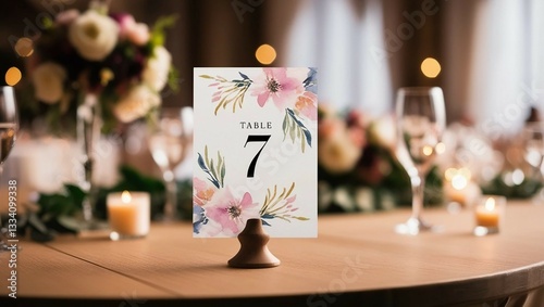 Wedding table number card with watercolor floral design on wooden table