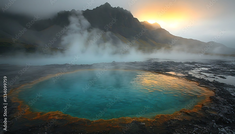 Fototapeta premium A scenic geothermal pool and mountain landscape under a sunrise