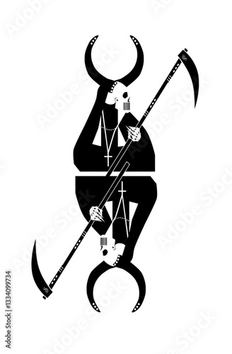 Grim Reaper Nun Skull. The image depicts a stylized, black and white illustration of a nun holding a scythe. The nun is depicted as a skeletal figure with horns, wearing a traditional nun's habit and 