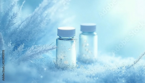 Frozen medical vials in icy environment with frost crystals