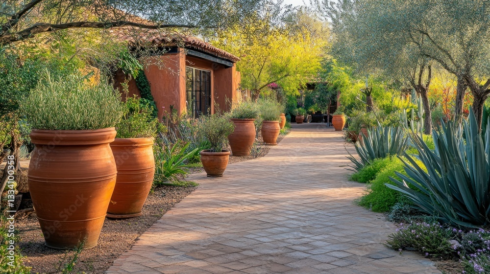 A beautiful garden path flanked by large terracotta planters and foliage
