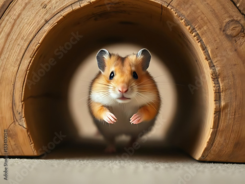 A hamster running through a tunnel made of natural wood, with its fur slightly flying in motion photo