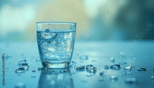 Glass of water with ice splash and water droplets on table