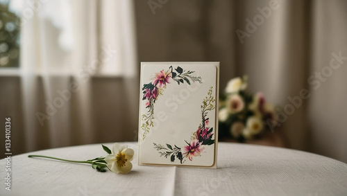 Elegant floral pocket wedding invitation on linen surface