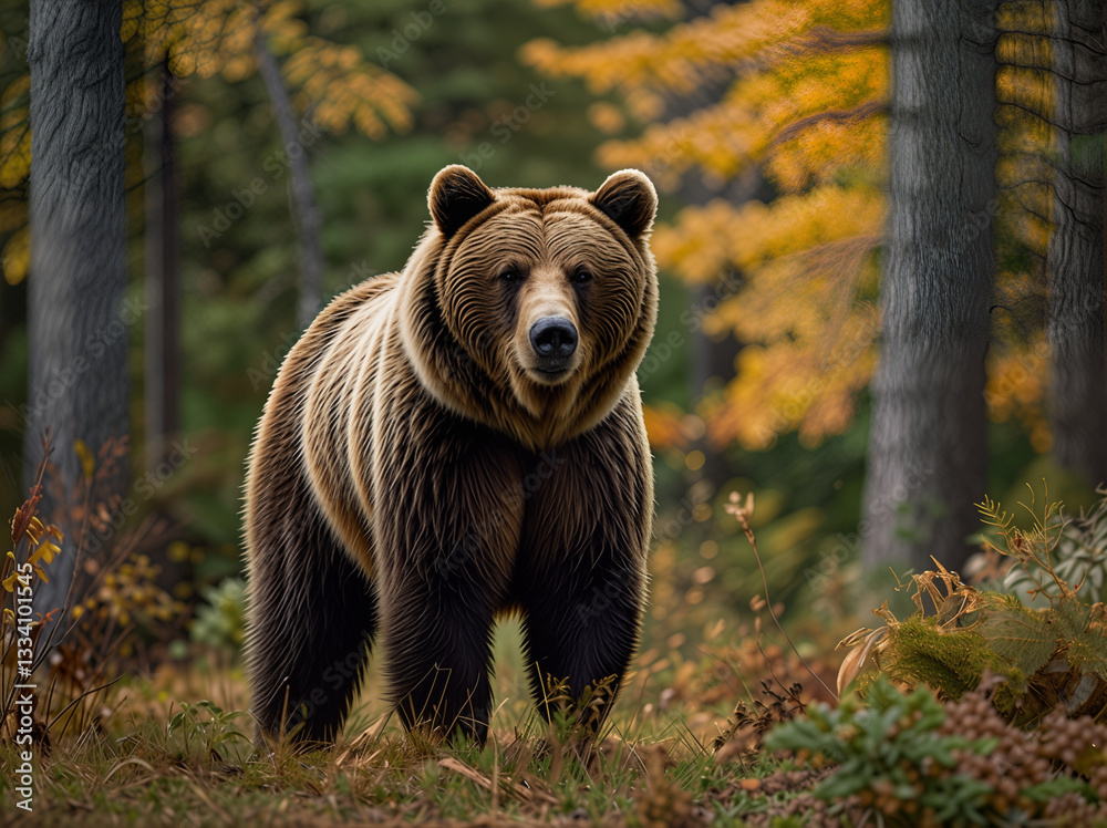 Fototapeta premium Two brown bears standing among trees in a forest, surrounded by greenery and natural woodland scenery