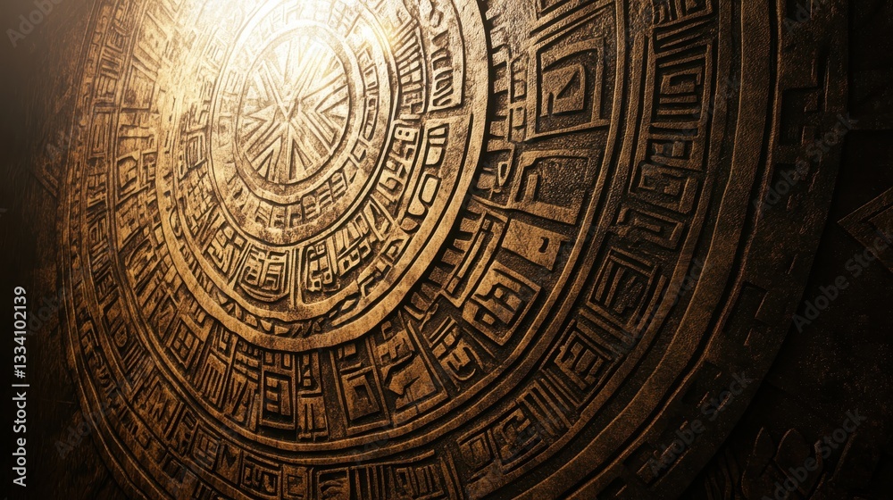 Fototapeta premium Ancient Circular Stone Relief with Intricate Patterns and Symbols