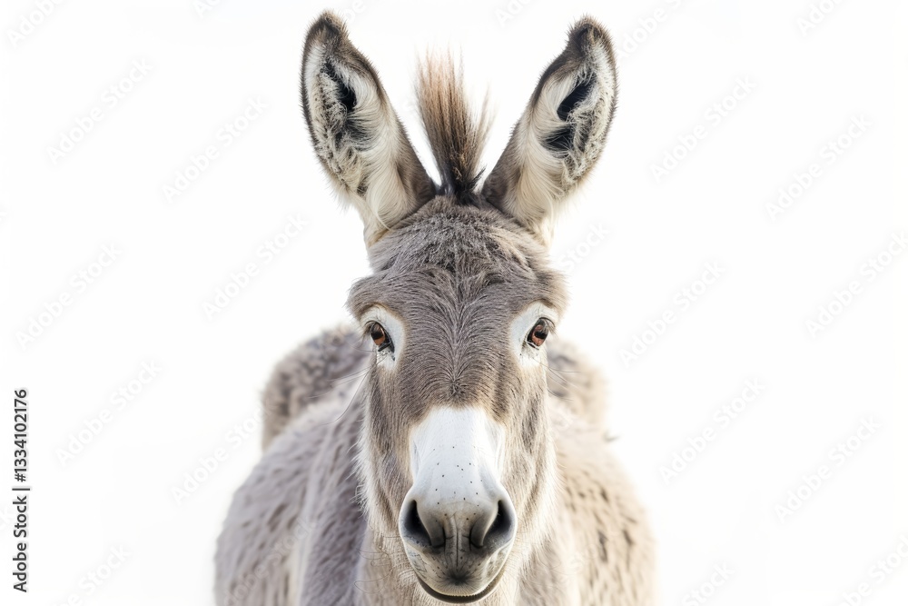 A close-up shot reveals the gentle demeanor of a gray donkey with long ears and a striking white muzzle, softly illuminated against a clean white backdrop A close-up shot reveals the gentle demeanor of a gray donkey with long ears and a striking white muzzle, softly illuminated against a clean white backdrop