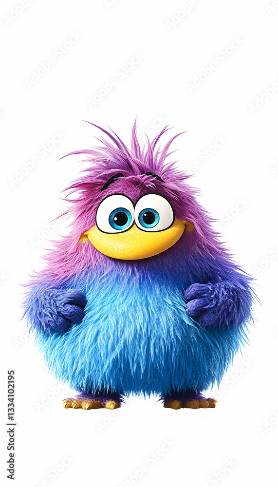 Fototapeta premium Cheerful, fluffy purple and blue creature with big eyes