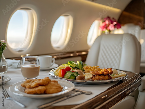 private jet modern style with breakfast table sunlight shining through window generative ai