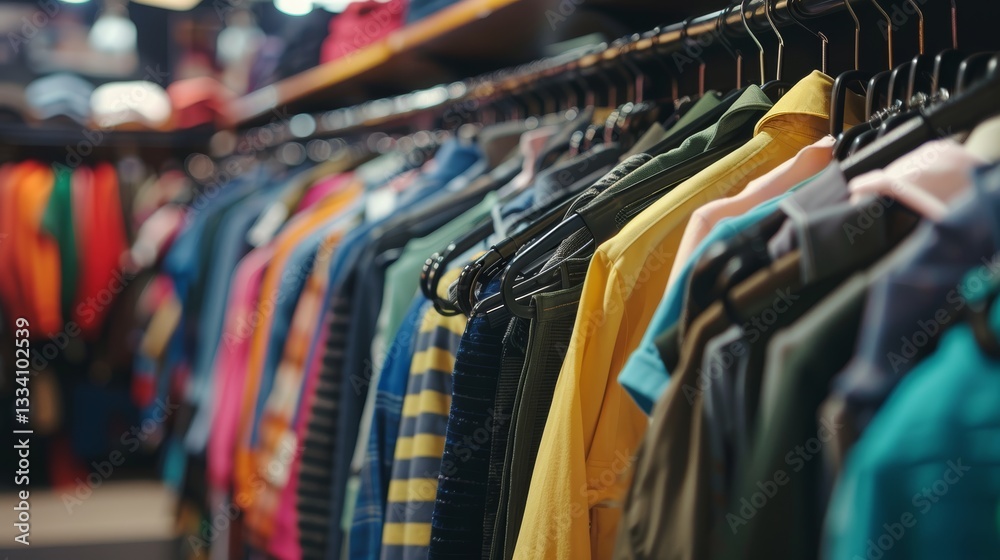 A colorful array of casual shirts hangs neatly on a black metal clothing rack, presenting a variety of textures and hues for shoppers to explore in a retail setting A colorful array of casual shirts hangs neatly on a black metal clothing rack, presenting a variety of textures and hues for shoppers to explore in a retail setting