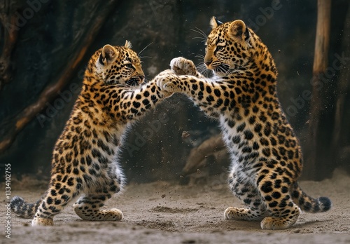 Two Adorable Leopard Cubs Playfully Sparring in a Natural Habitat Setting with Soft Sandy Ground and Lush Vegetation in the Background