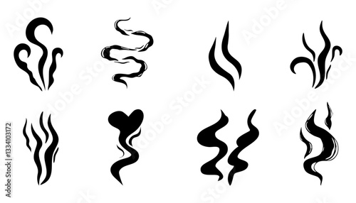 Steam smoke hand drawn line comic doodle. Aroma trail, cloud or wind silhouette. Smells hot air fragrance evaporate set. 