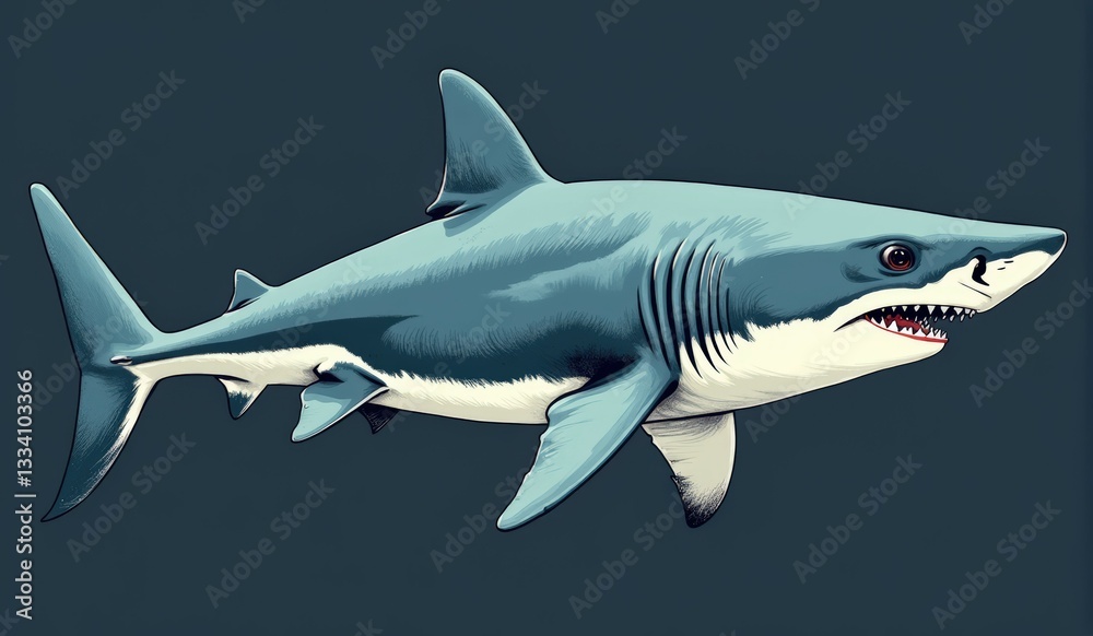 Obraz premium Illustration of shark fish, side view. Retro style drawing. Species of fish concept. Supermarket or fish market sales, International Shark Awareness Day