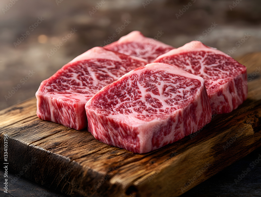 Fototapeta premium A5 Wagyu beef , placed on a wooden cutting board.