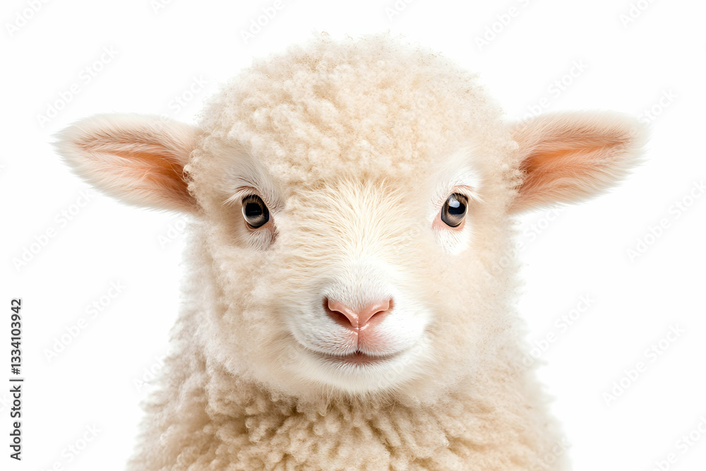 Close-up of an adorable, fluffy lamb facing the camera against a white background Close-up of an adorable, fluffy lamb facing the camera against a white background
